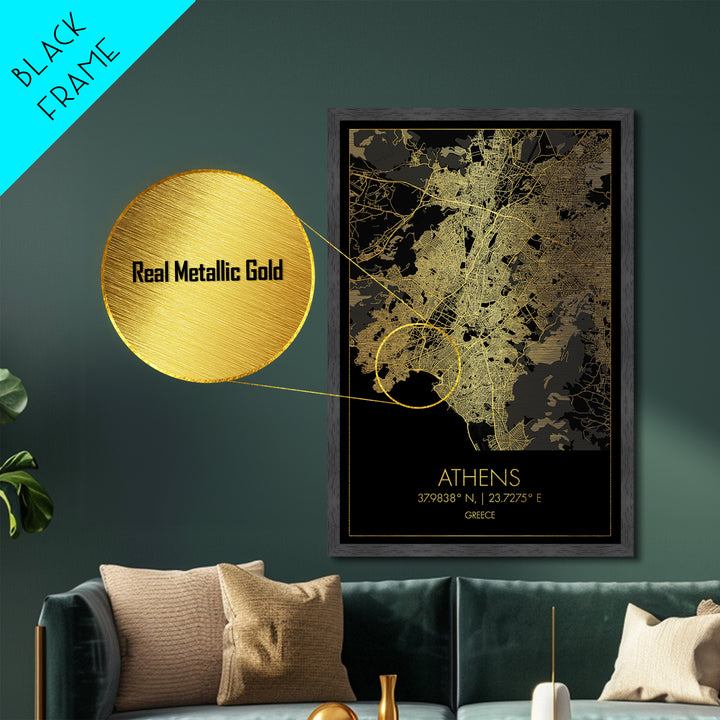 Athens Greece City street map, Metallic Gold Print, Metal Art, wood framed map, black and gold, Gold Street Map Art, Modern Wall Art