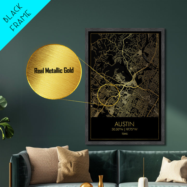 Austin Texas City Poster, Metallic Gold Art, Metal Art, real wood frames, black and gold, Street Map Art, Modern House Art