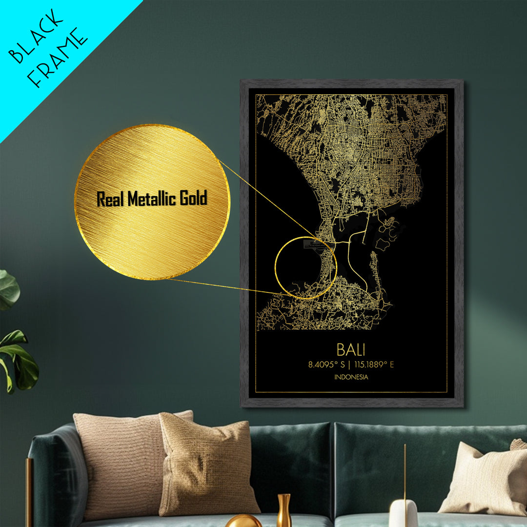 Bali Indonesia City Poster, Metallic Gold Art, Metal Art, real wood frames, black and gold, Map Art, Best Friend Gifts