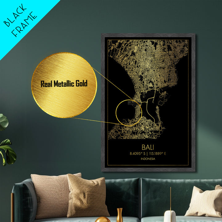 Bali Indonesia City Poster, Metallic Gold Art, Metal Art, real wood frames, black and gold, Map Art, Best Friend Gifts