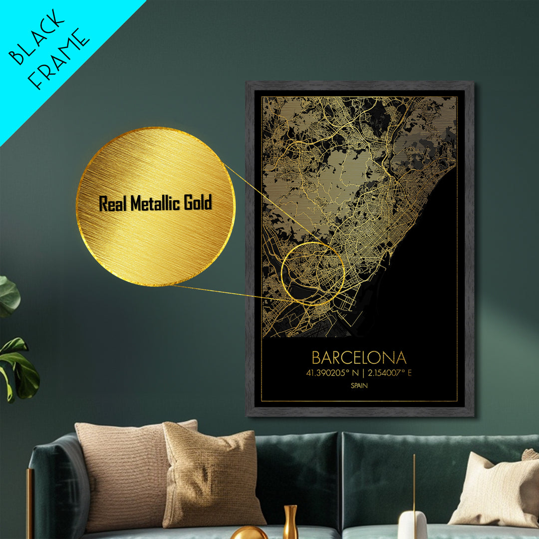 Barcelona Spain City street map, Metallic Gold Print, Metal Art, wood framed map, black and gold, Street Map Art, Office Decor