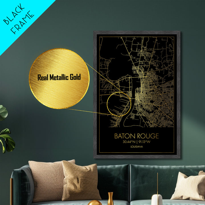 Baton Rouge Louisiana City Poster, Metallic Gold Art, Metal Art, real wood frames, black and gold, Map Art, Best Friend Gifts