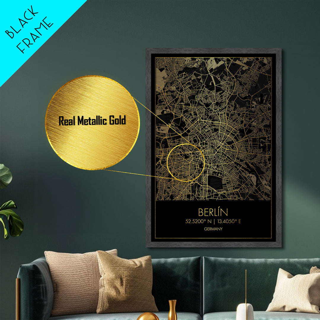 Berlin Germany City Poster, Metallic Gold Art, Metal Art, real wood frames, black and gold, Street Map Wall Art, Closing Gift