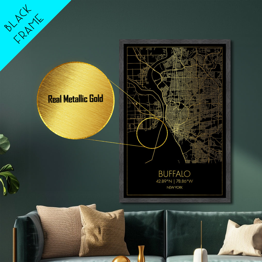 Buffalo New York City street map, Metallic Gold Print, Metal Art, wood framed map, black and gold, Street Map Art, Office Decor