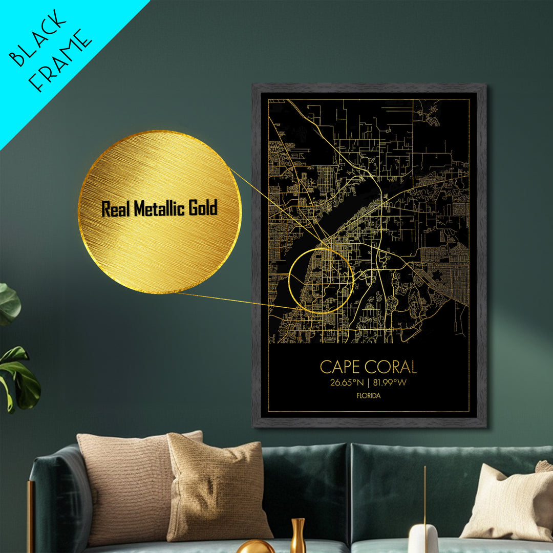 Cape Coral Florida City Poster, Metallic Gold Art, Metal Art, real wood frames, black and gold, Map Art, Best Friend Gifts