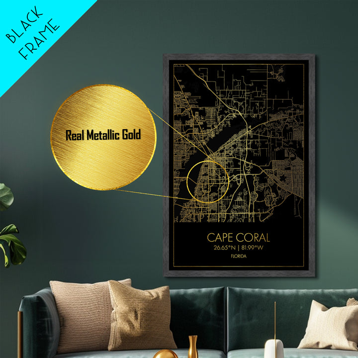 Cape Coral Florida City Poster, Metallic Gold Art, Metal Art, real wood frames, black and gold, Map Art, Best Friend Gifts