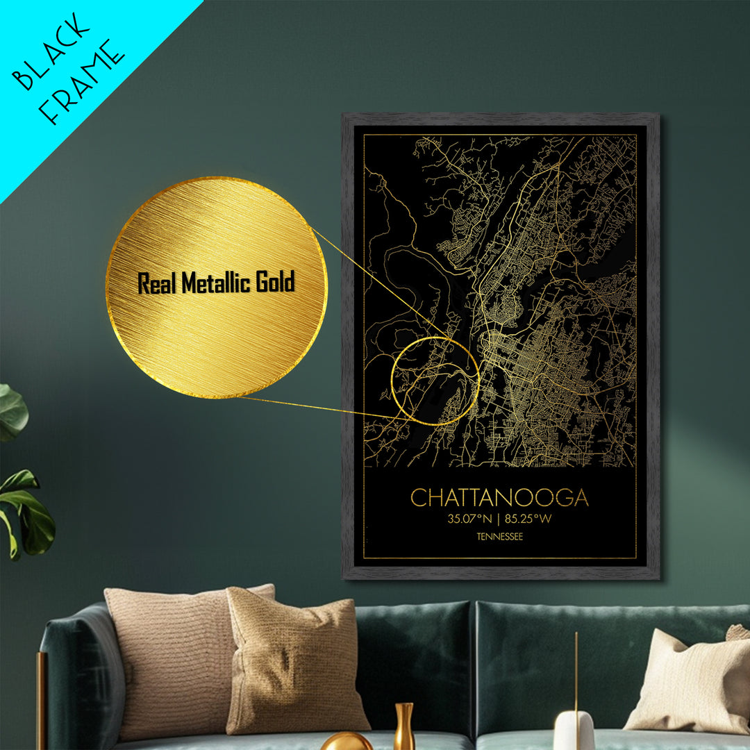 Chattanooga Tennessee City street map, Metallic Gold Print, Metal Art, wood framed map, black and gold, Street Map Art, Office Decor