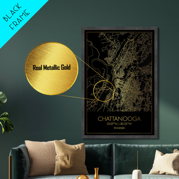 Chattanooga Tennessee City street map, Metallic Gold Print, Metal Art, wood framed map, black and gold, Street Map Art, Office Decor