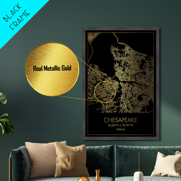 Chesapeake Virginia City Poster, Metallic Gold Art, Metal Art, real wood frames, black and gold, Map Art, Best Friend Gifts