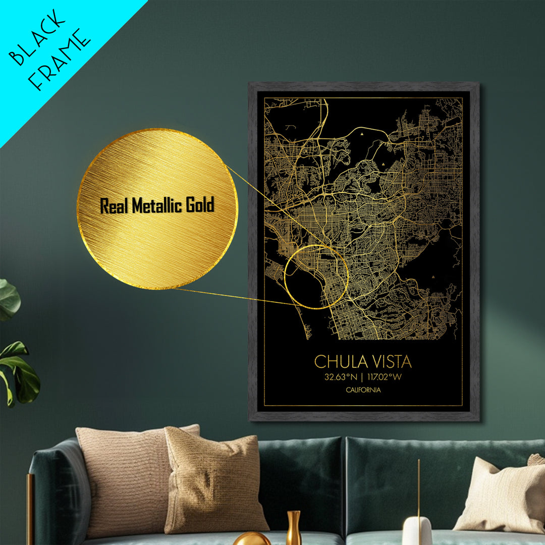 Chula Vista California City Poster, Metallic Gold Art, Metal Art, real wood frames, black and gold, Minimalist Wall Art, Map Print Poster