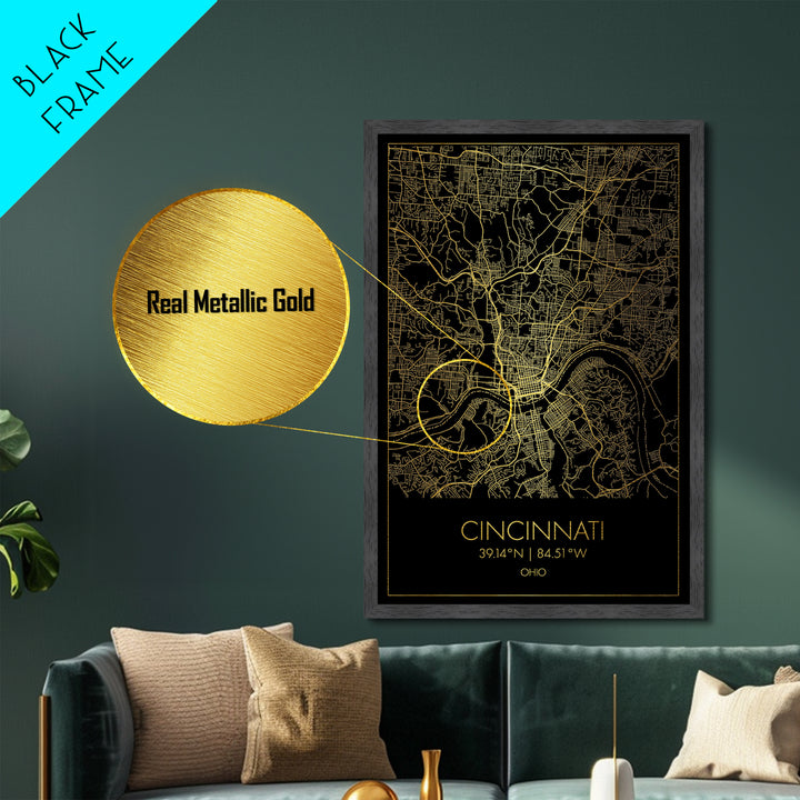 Cincinnati Ohio City street map, Metallic Gold Print, Metal Art, wood framed map, black and gold, Street Map Art, Office Decor