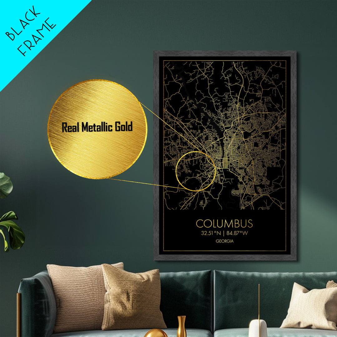 Columbus Georgia City Poster, Metallic Gold Art, Metal Art, real wood frames, black and gold, Minimalist Wall Art, Map Print Poster