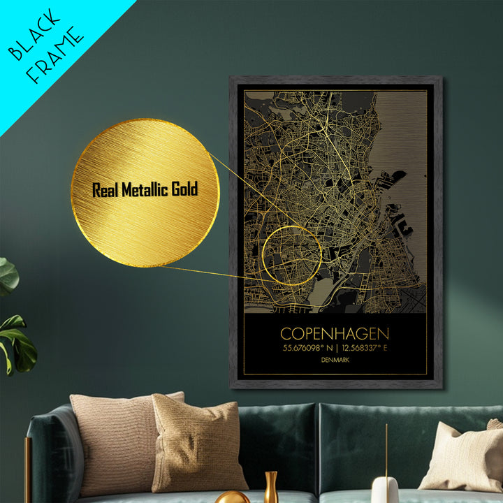Copenhagen Denmark City Poster, Metallic Gold Art, Metal Art, real wood frames, black and gold, Map Art, Best Friend Gifts
