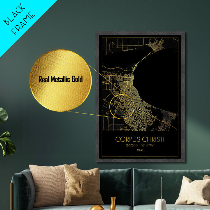 Corpus Christi Texas City street map, Metallic Gold Print, Metal Art, wood framed map, black and gold, Gold Street Map Art, Modern Wall Art
