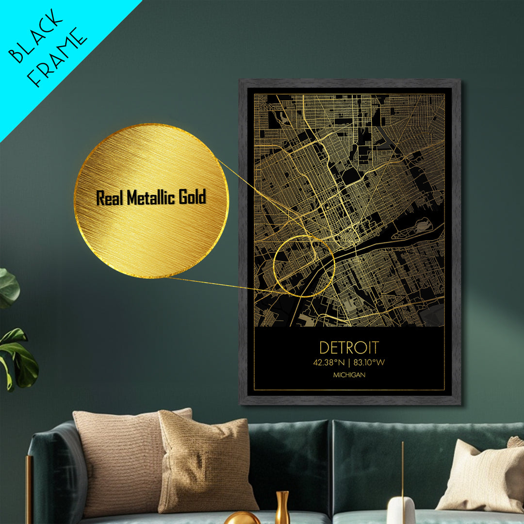Detroit Michigan City Poster, Metallic Gold Art, Metal Art, real wood frames, black and gold, Gold Street Map Art, Best Friend Gifts