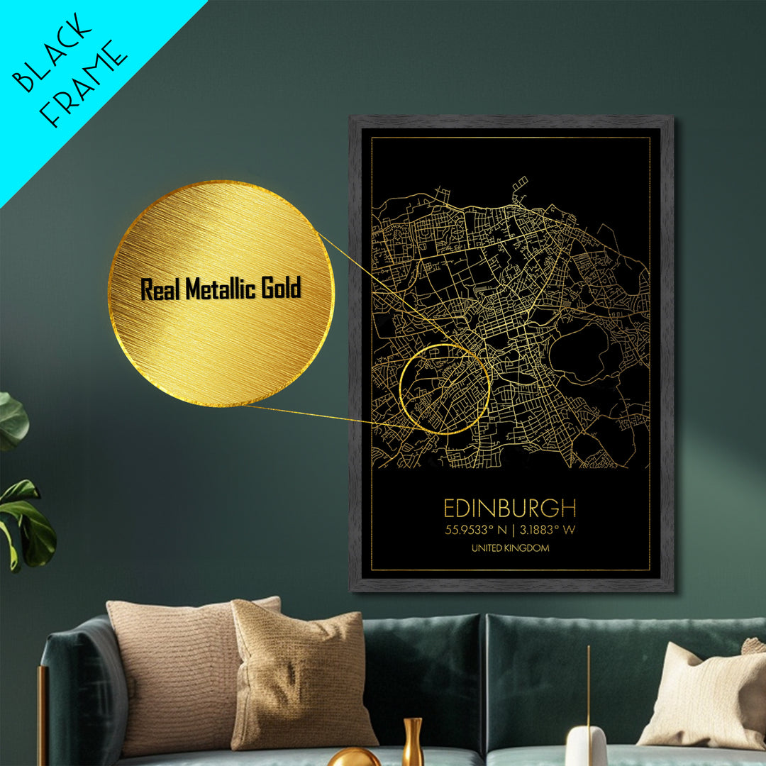 Edinburgh United Kingdom City Poster, Metallic Gold Art, Metal Art, real wood frames, black and gold, Map Art, Best Friend Gifts