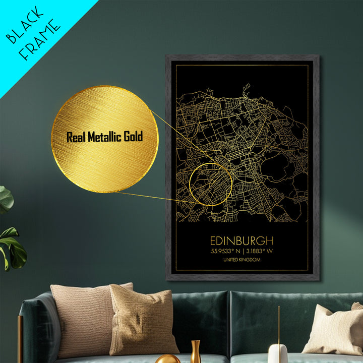 Edinburgh United Kingdom City Poster, Metallic Gold Art, Metal Art, real wood frames, black and gold, Map Art, Best Friend Gifts