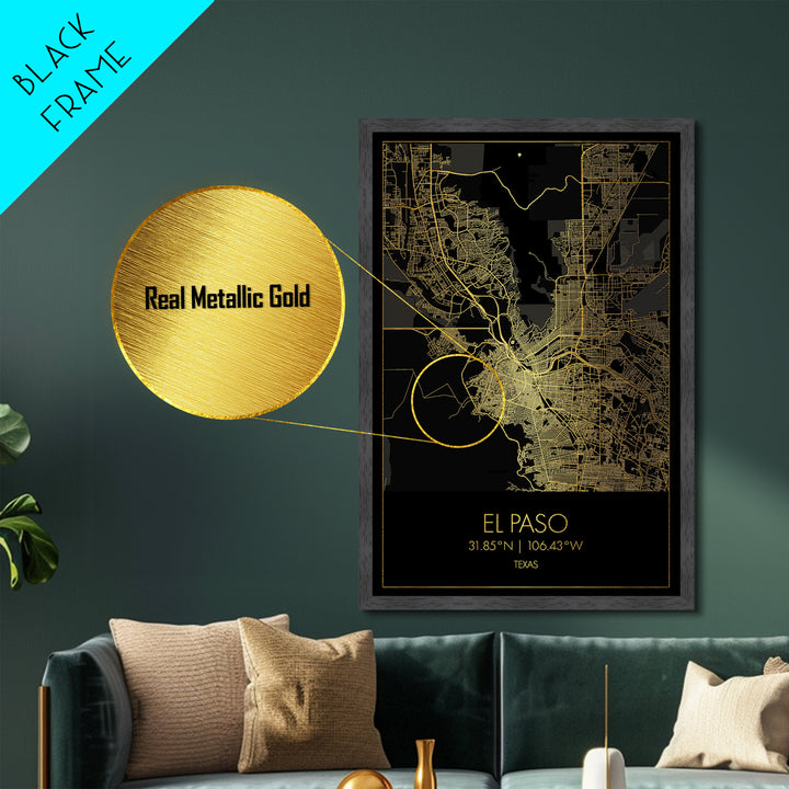 El Paso Texas City Poster, Metallic Gold Art, Metal Art, real wood frames, black and gold, Minimalist Wall Art, Map Print Poster