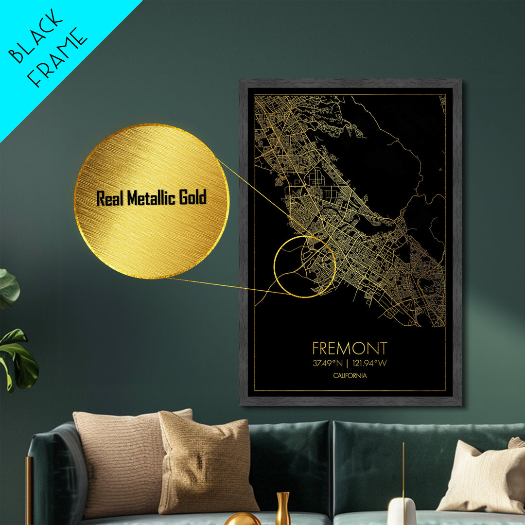 Fremont California City street map, Metallic Gold Print, Metal Art, wood framed map, black and gold, Gold Street Map Art, Modern Wall Art