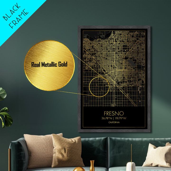 Fresno California City Poster, Metallic Gold Art, Metal Art, real wood frames, black and gold, Minimalist Wall Art, Map Print Poster
