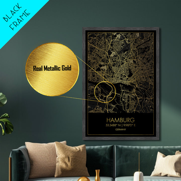 Hamburg Germany City street map, Metallic Gold Print, Metal Art, wood framed map, black and gold, Gold Street Map Art, Modern Wall Art
