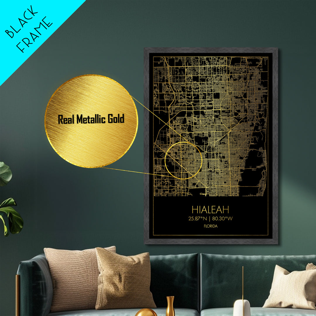Hialeah Florida City Poster, Metallic Gold Art, Metal Art, real wood frames, black and gold, Map Art, Best Friend Gifts