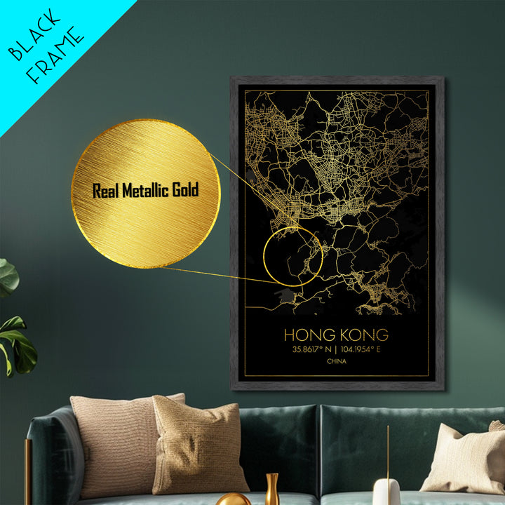 Hong Kong China City street map, Metallic Gold Print, Metal Art, wood framed map, black and gold, Gold Street Map Art, Modern Wall Art