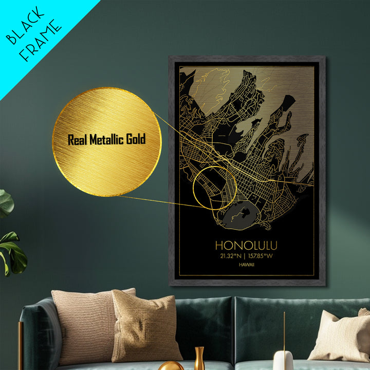 Honolulu Hawaii City Poster, Metallic Gold Art, Metal Art, real wood frames, black and gold, Minimalist Wall Art, Map Print Poster