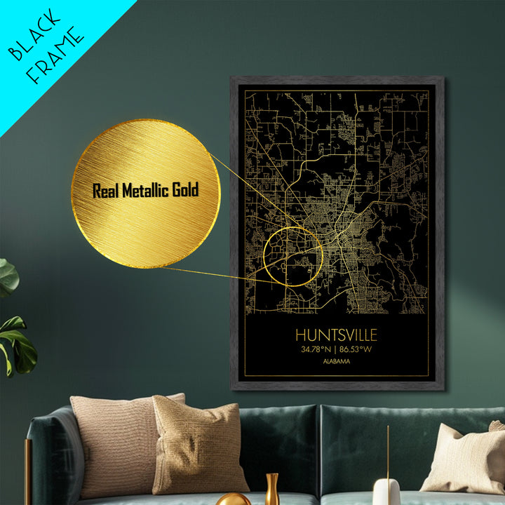 Huntsville Alabama City Poster, Metallic Gold Art, Metal Art, real wood frames, black and gold, Map Art, Best Friend Gifts
