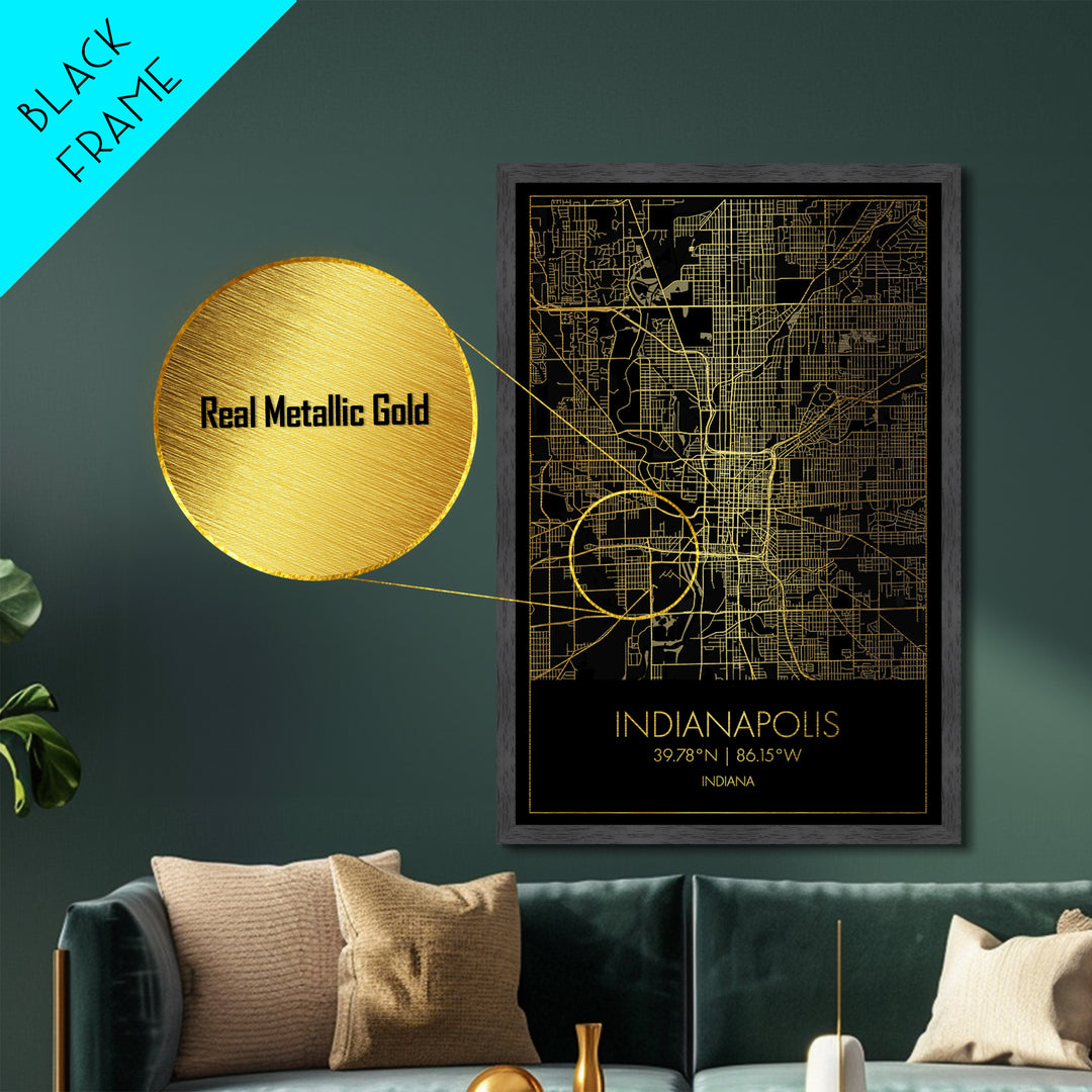 Indianapolis Indiana City Poster, Metallic Gold Art, Metal Art, real wood frames, black and gold, Minimalist Wall Art, Map Print Poster