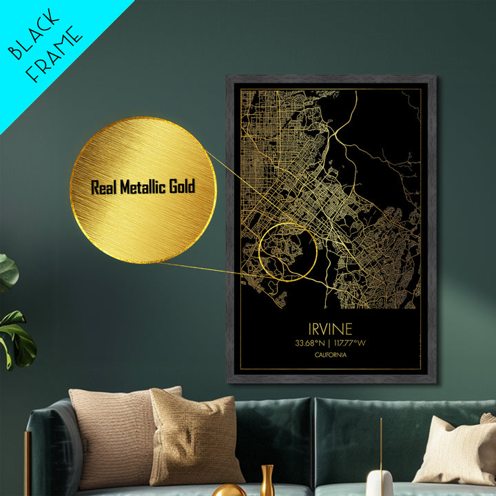 Irvine California City street map, Metallic Gold Print, Metal Art, wood framed map, black and gold, Street Map Art, Office Decor