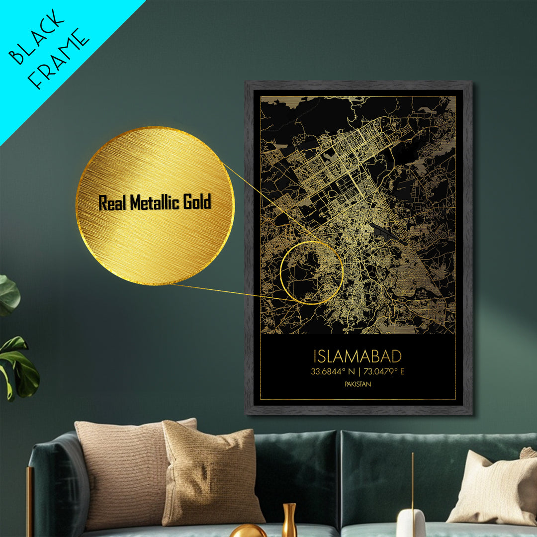 Islamabad Pakistan City street map, Metallic Gold Print, Metal Art, wood framed map, black and gold, Gold Street Map Art, Modern Wall Art