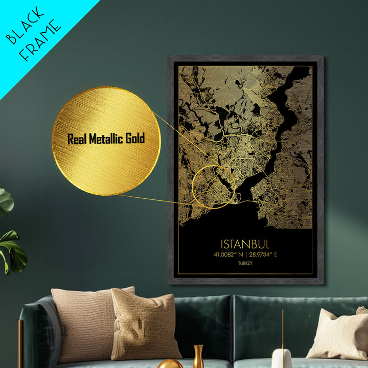 Istanbul Turkey City Poster, Metallic Gold Art, Metal Art, real wood frames, black and gold, Minimalist Wall Art, Map Print Poster