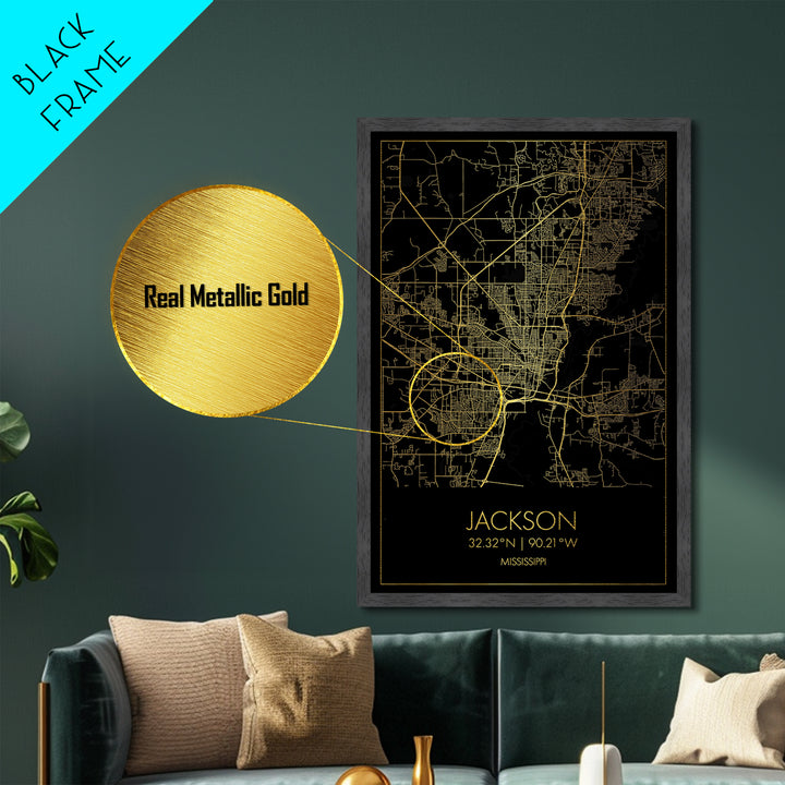 Jackson Mississippi City street map, Metallic Gold Print, Metal Art, wood framed map, black and gold, Street Map Art, Office Decor