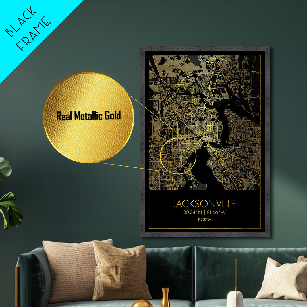 Jacksonville Florida City Poster, Metallic Gold Art, Metal Art, real wood frames, black and gold, Map Art, Best Friend Gifts