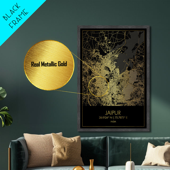 Jaipur India City street map, Metallic Gold Print, Metal Art, wood framed map, black and gold, Gold Street Map Art, Modern Wall Art