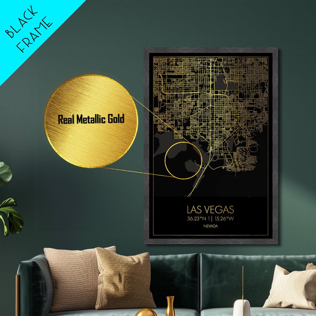 Las Vegas Nevada City street map, Metallic Gold Print, Metal Art, wood framed map, black and gold, Street Map Art, Office Decor