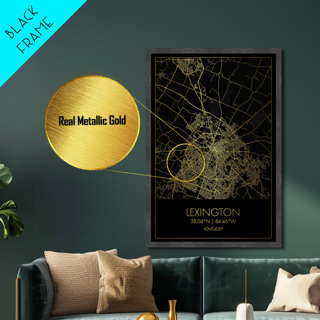 Lexington Kentucky City street map, Metallic Gold Print, Metal Art, wood framed map, black and gold, Gold Street Map Art, Modern Wall Art