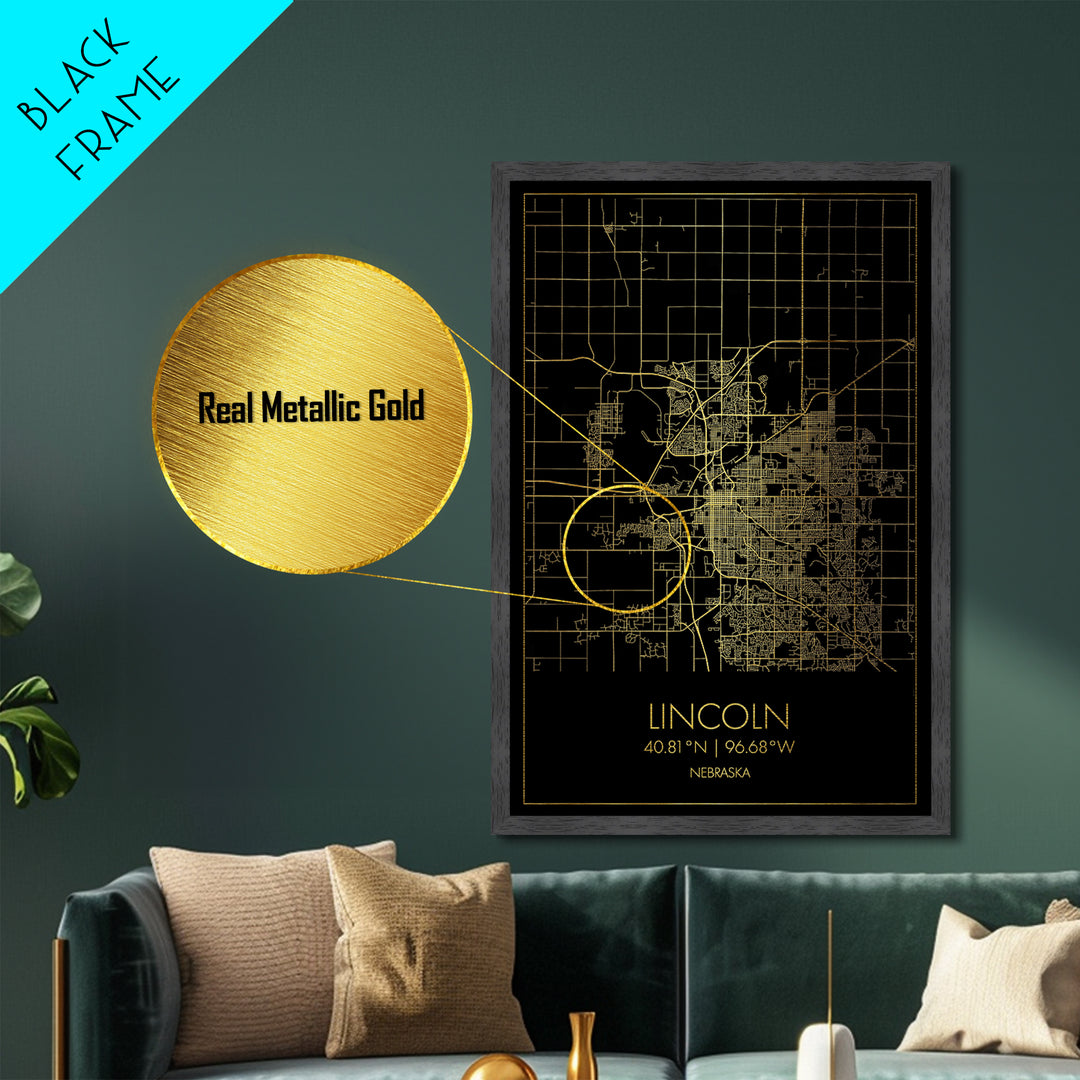Lincoln Nebraska City Poster, Metallic Gold Art, Metal Art, real wood frames, black and gold, Minimalist Wall Art, Map Print Poster