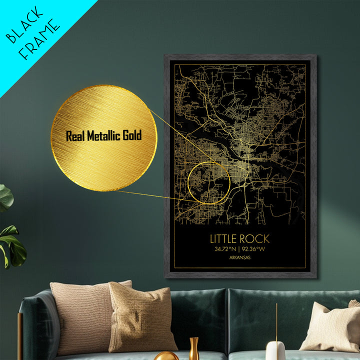 Little Rock Arkansas City Poster, Metallic Gold Art, Metal Art, real wood frames, black and gold, Map Art, Best Friend Gifts
