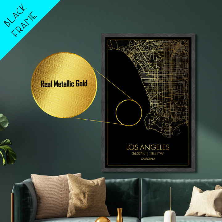 Los Angeles California City street map, Metallic Gold Print, Metal Art, wood framed map, black and gold, Street Map Art, Office Decor