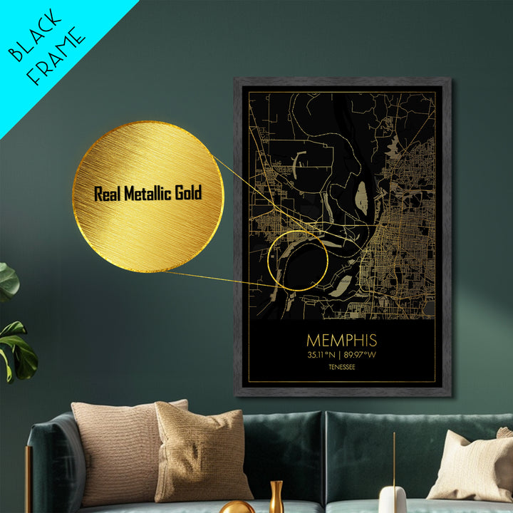 Memphis Tennessee City street map, Metallic Gold Print, Metal Art, wood framed map, black and gold, Street Map Art, Office Decor