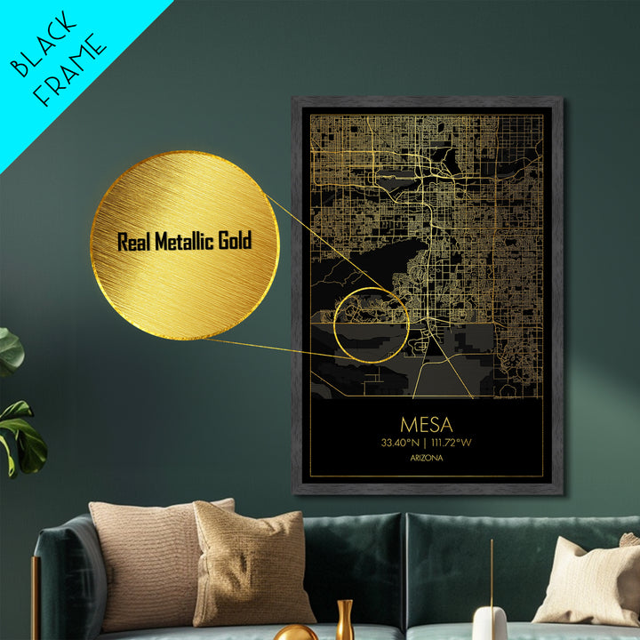 Mesa Arizona City Poster, Metallic Gold Art, Metal Art, real wood frames, black and gold, Map Art, Best Friend Gifts