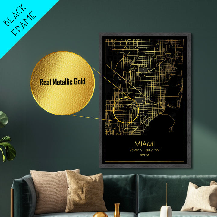 Miami Florida City street map, Metallic Gold Print, Metal Art, wood framed map, black and gold, Gold Street Map Art, Modern Wall Art