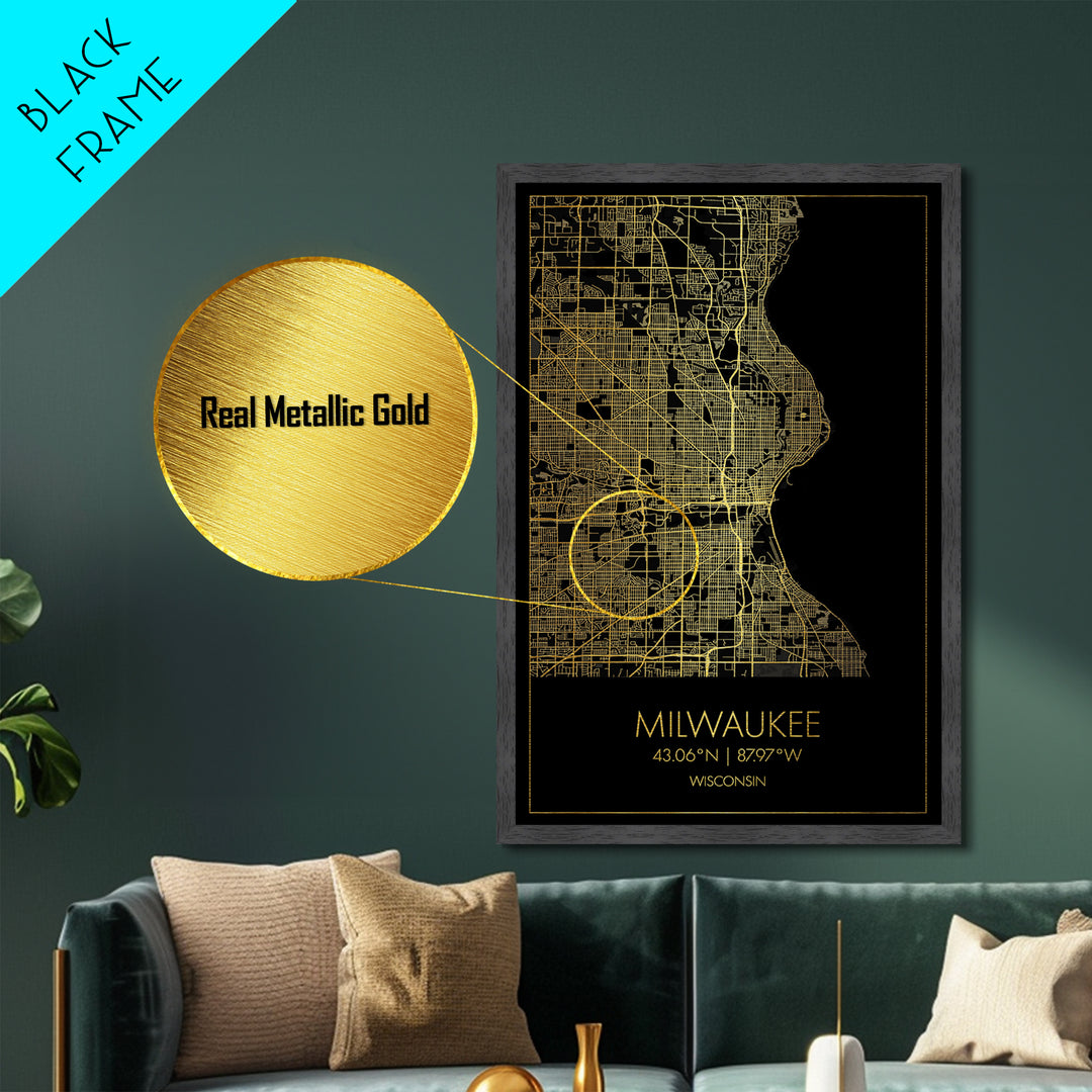 Milwaukee Wisconsin City street map, Metallic Gold Print, Metal Art, wood framed map, black and gold, Street Map Art, Office Decor
