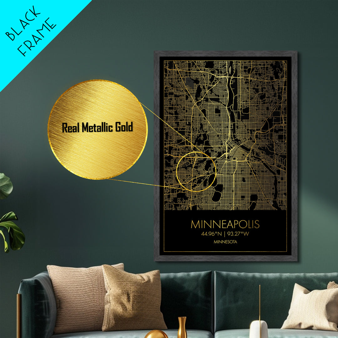 Minneapolis Minnesota City Poster, Metallic Gold Art, Metal Art, real wood frames, black and gold, Map Art, Best Friend Gifts