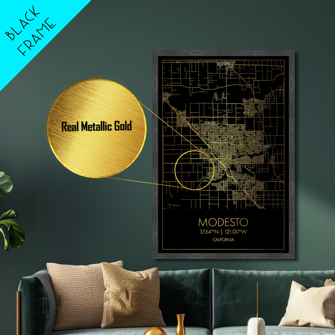Modesto California City Poster, Metallic Gold Art, Metal Art, real wood frames, black and gold, Minimalist Wall Art, Map Print Poster