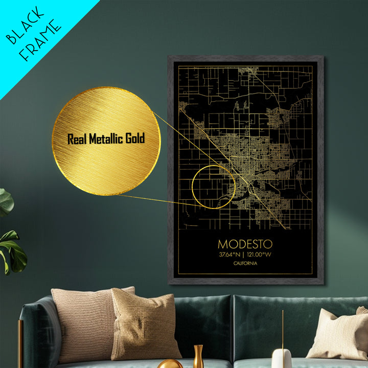Modesto California City Poster, Metallic Gold Art, Metal Art, real wood frames, black and gold, Minimalist Wall Art, Map Print Poster