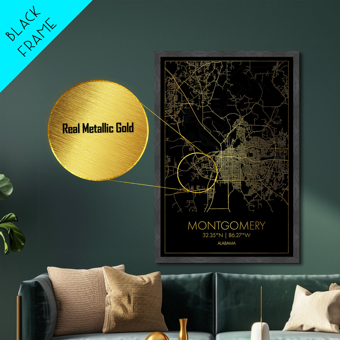 Montgomery Alabama City street map, Metallic Gold Print, Metal Art, wood framed map, black and gold, Street Map Art, Office Decor