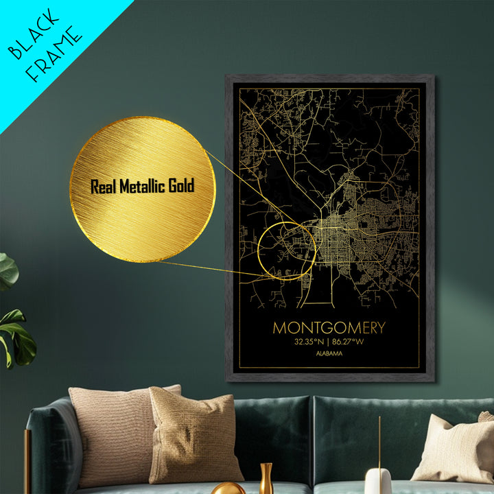 Montgomery Alabama City street map, Metallic Gold Print, Metal Art, wood framed map, black and gold, Street Map Art, Office Decor
